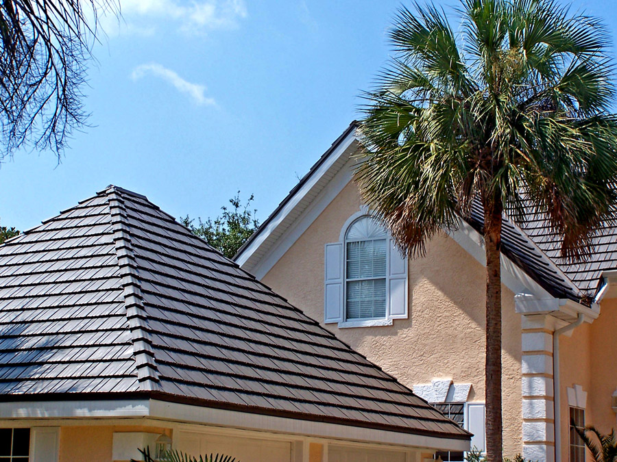 Rustic Aluminum Metal Shingle Roofing in Front of a Palm Tree