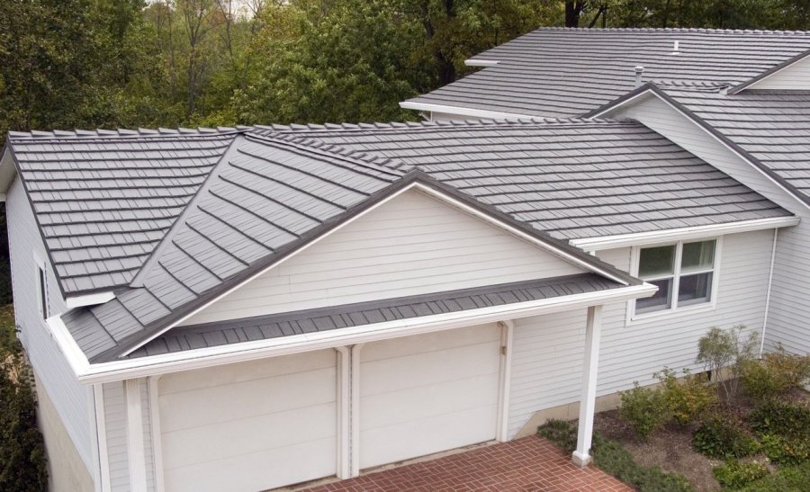 Garage and Home with Rustic Aluminum Metal Shingle Roofing